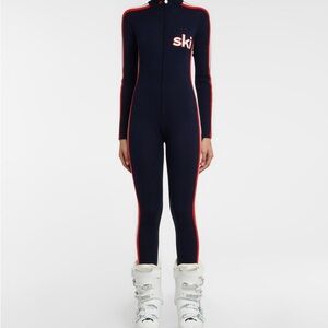 Perfect Moment Wool Navy Blue Women Ski One Piece with Red and White Stripes NEW